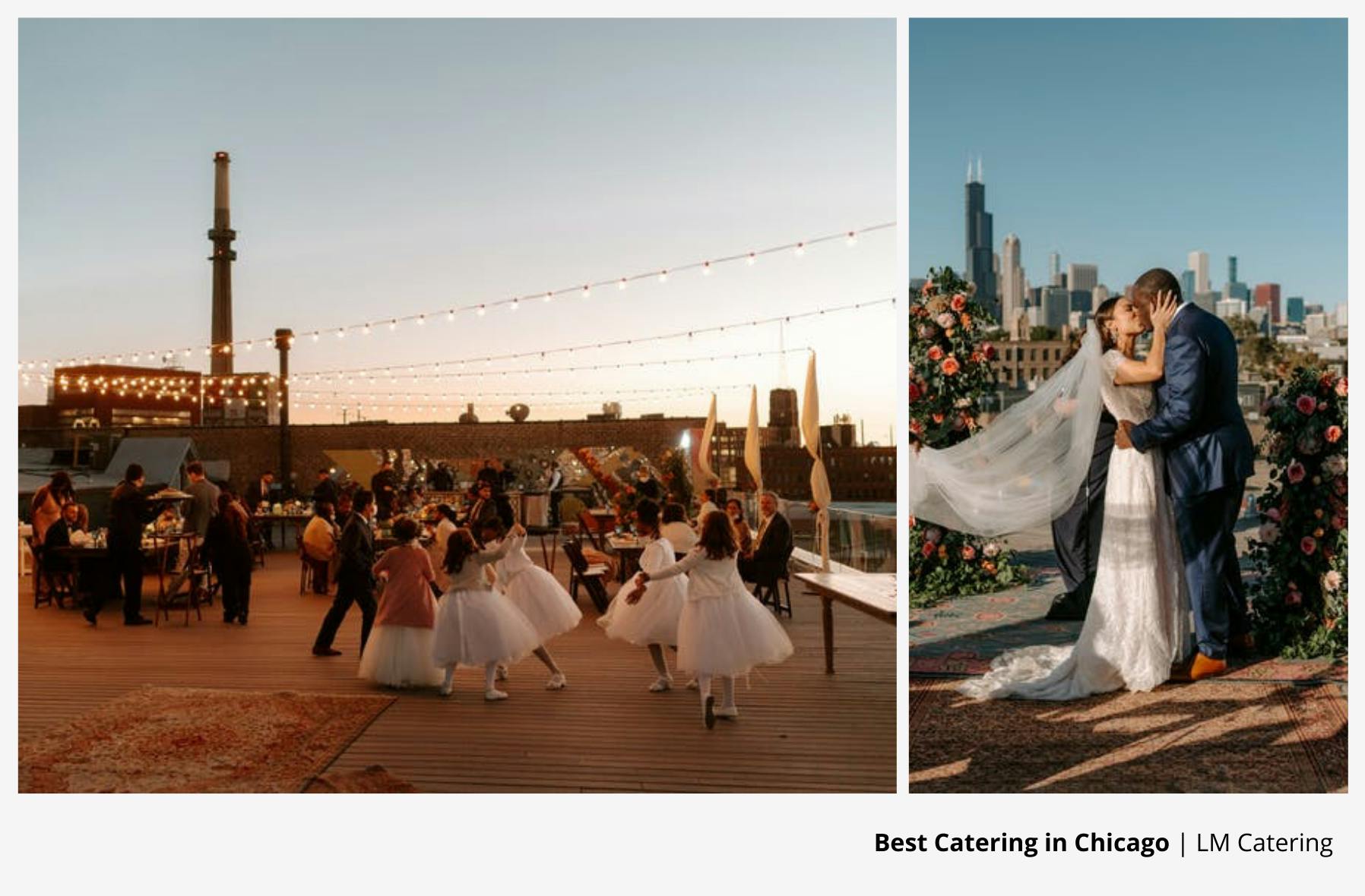 Left image shows an outdoor wedding reception and right image shows a bride and groom sharing their first kiss.