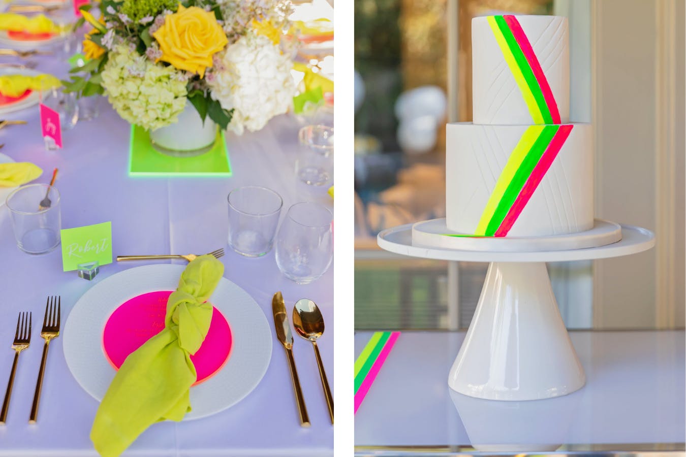 Neon-Themed Birthday Party Cake and Place Setting | PartySlate