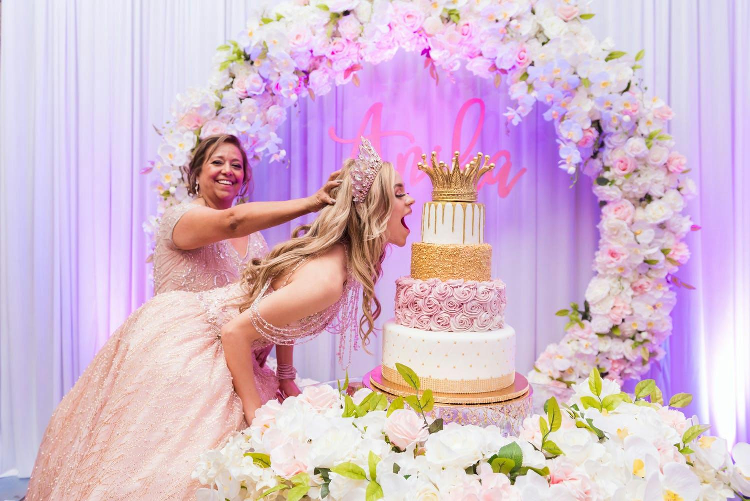 Pink Quinceanera Theme With Mother, Daughter,and Quince Cake | PartySlate
