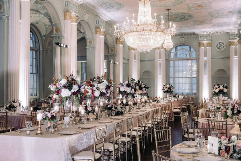 Wedding Reception With Floral-Filled Tablescapes at The Biltmore Ballrooms in Atlanta, GA | PartySlate