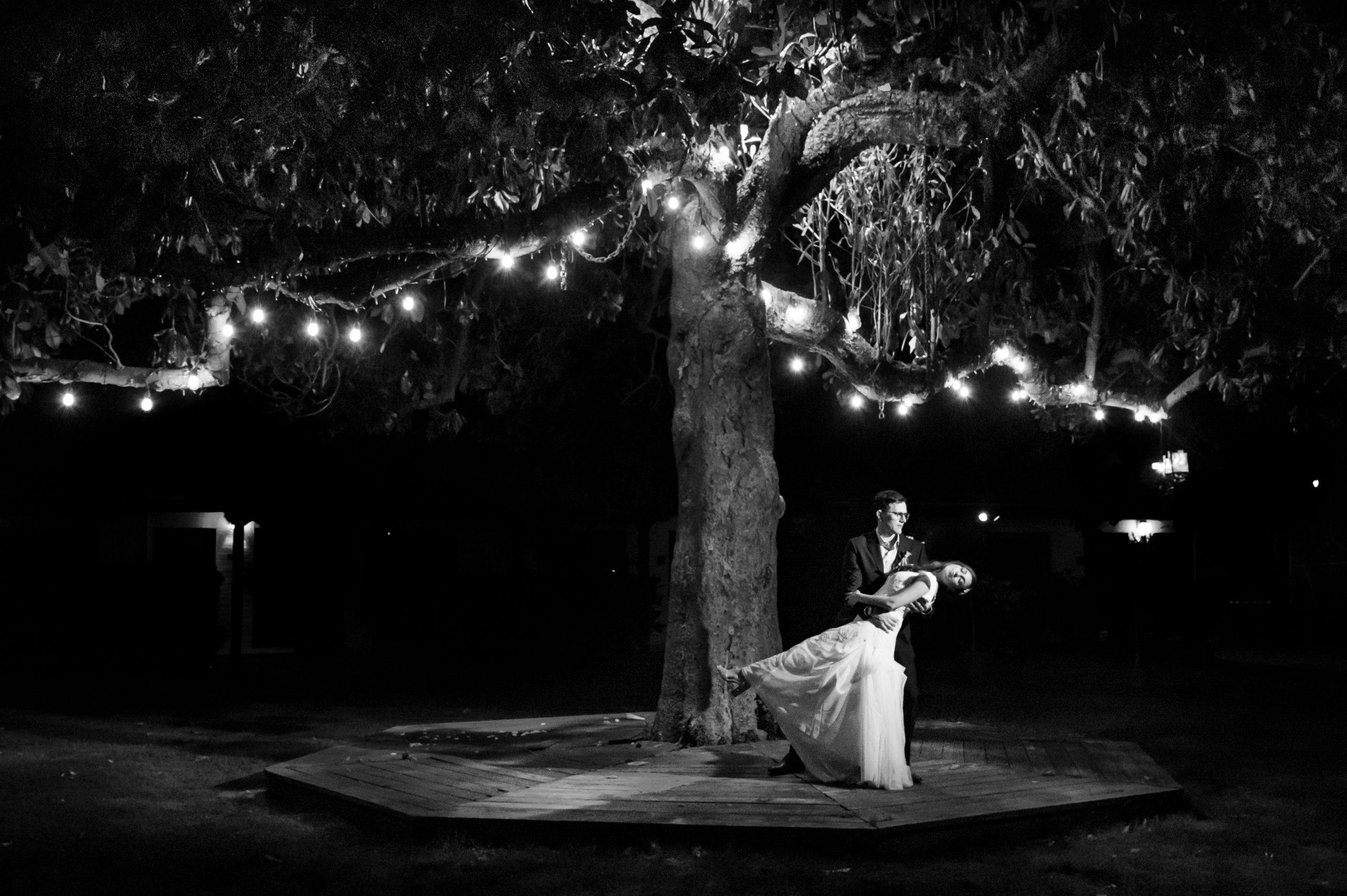 Groom dipping bride under string lit tree | PartySlate