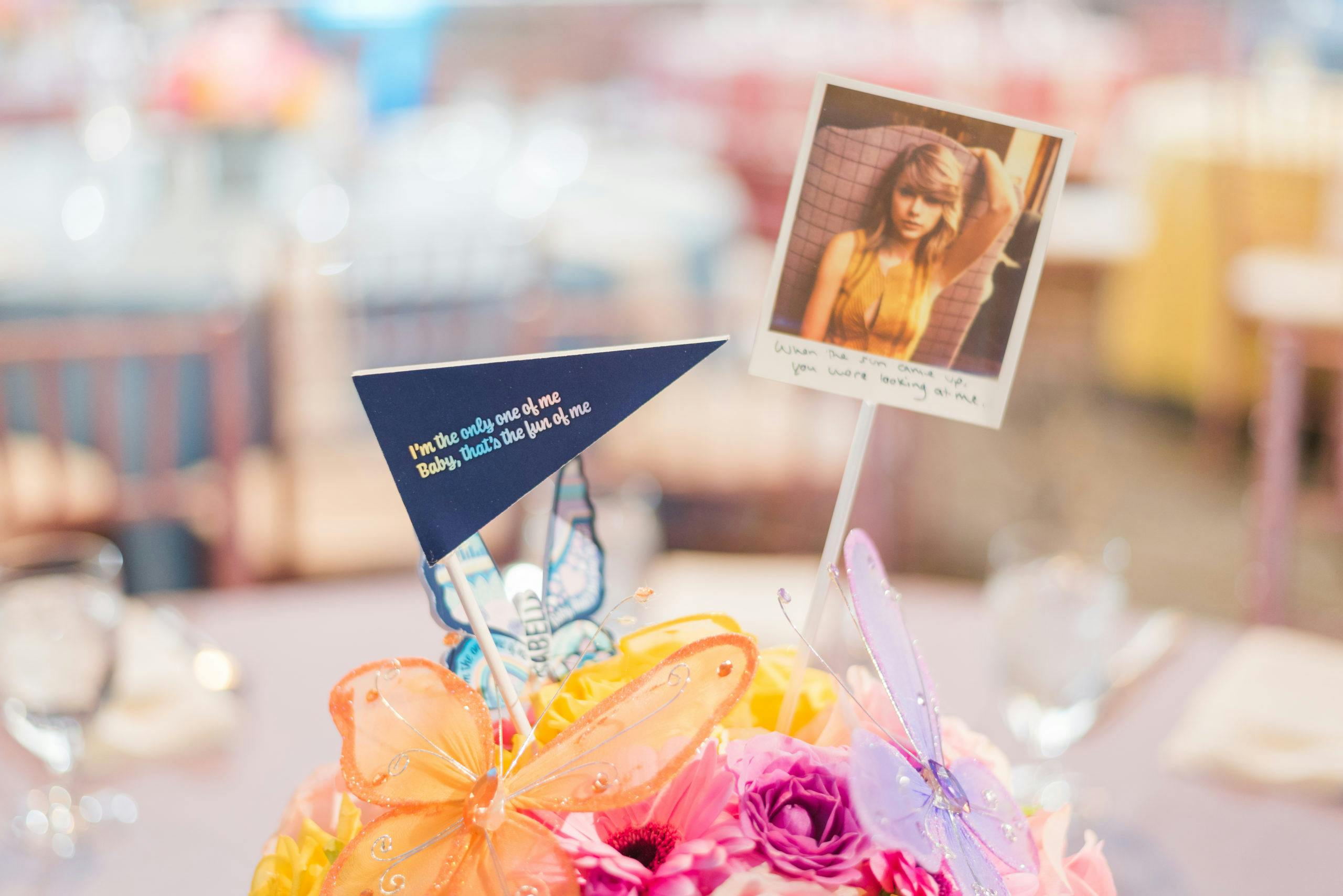 Taylor Swift-Themed Centerpiece With Butterfly Details at Quinceañera Party | PartySlate