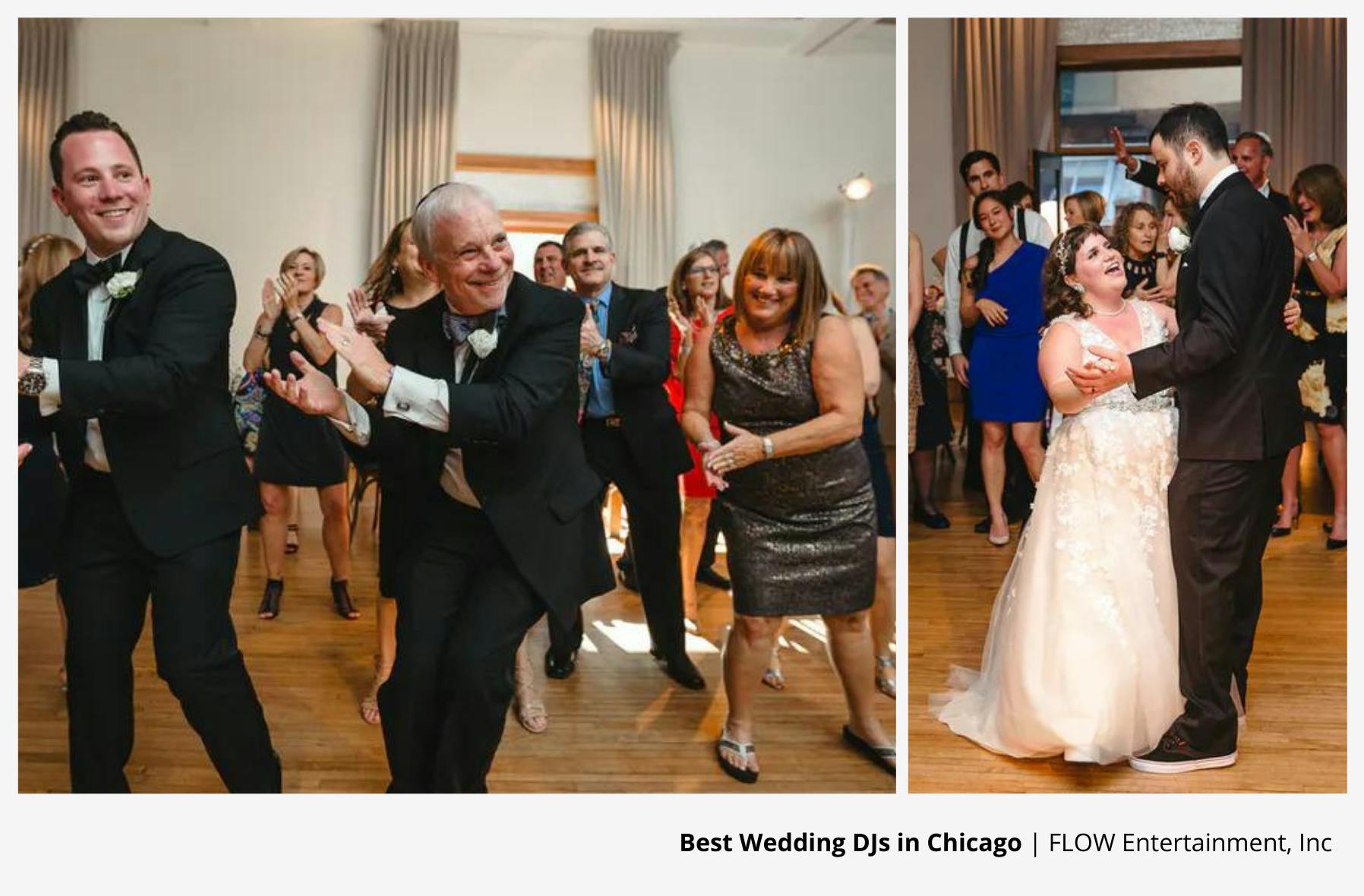 line dance of happy guests on wedding dance floor and couple having first dance to wedding dj entertainment | PartySlate