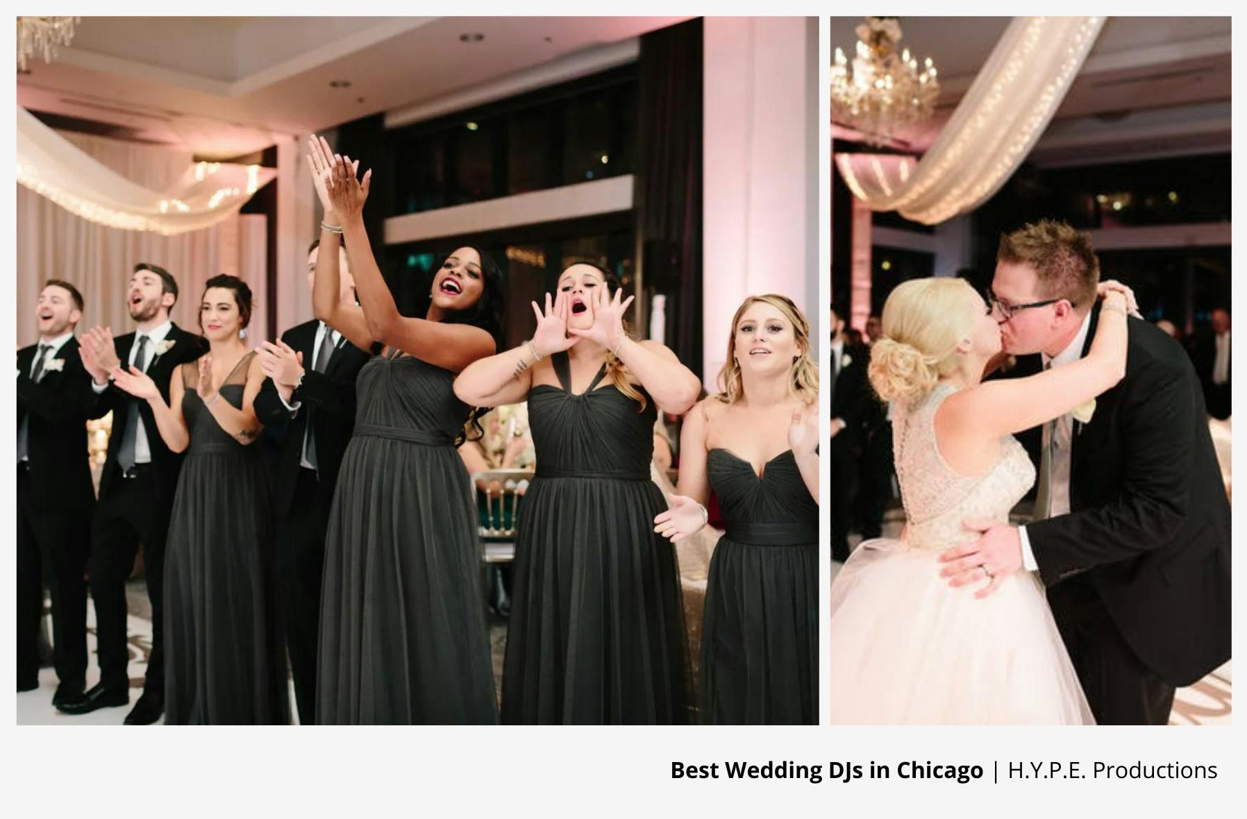 wedding guests cheering on couple as they kiss during their first dance to wedding dj entertainment | PartySlate