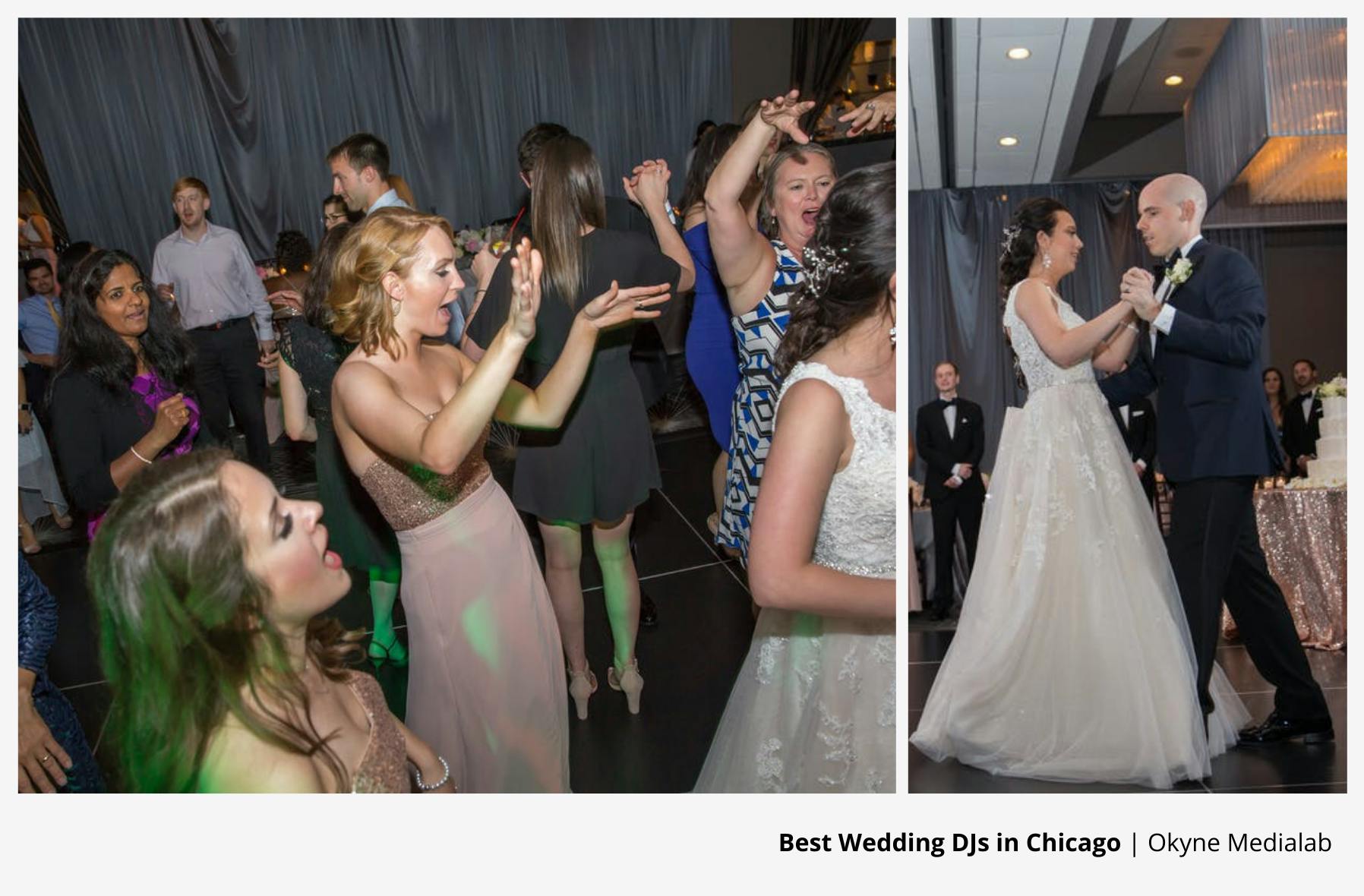 guests clapping on dance floor and couple having their first dance to wedding dj entertainment | PartySlate