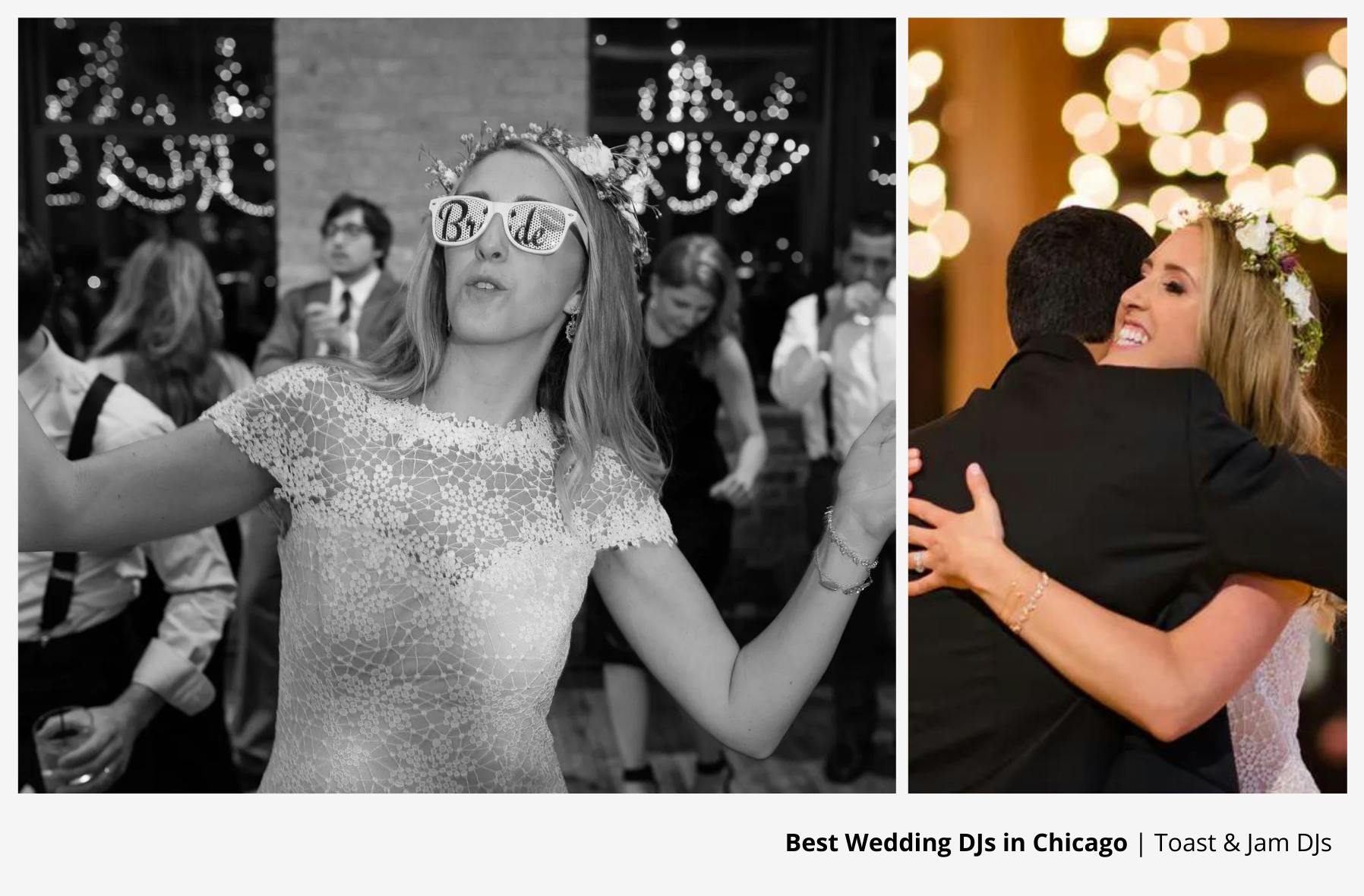 bride in white wearing novelty glasses dancing and bride hugging her husband on dance floor to wedding dj | PartySlate