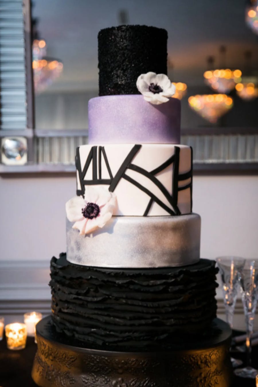 Modern Five-Tiered Wedding Cake in Purple, Black, and Silver | PartySlate