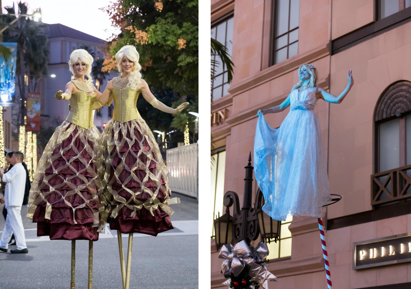 Stilt walkers greet guests on rodeo drive for corporate holiday event | PartySlate