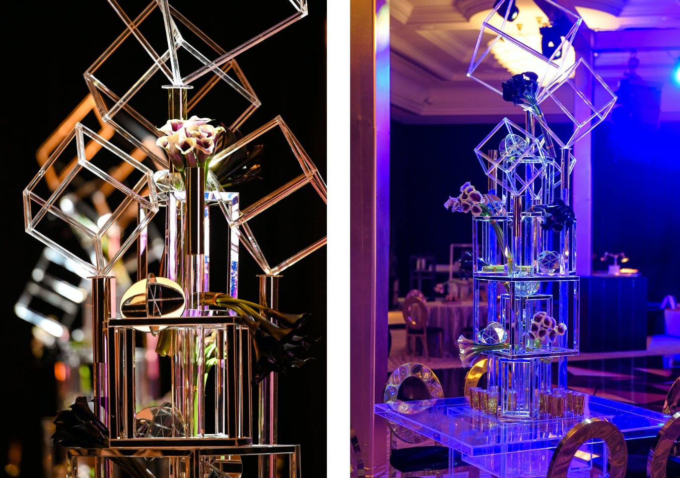 Stacked cubed geometric centerpieces for B'nai Mitzvah party | PartySlate