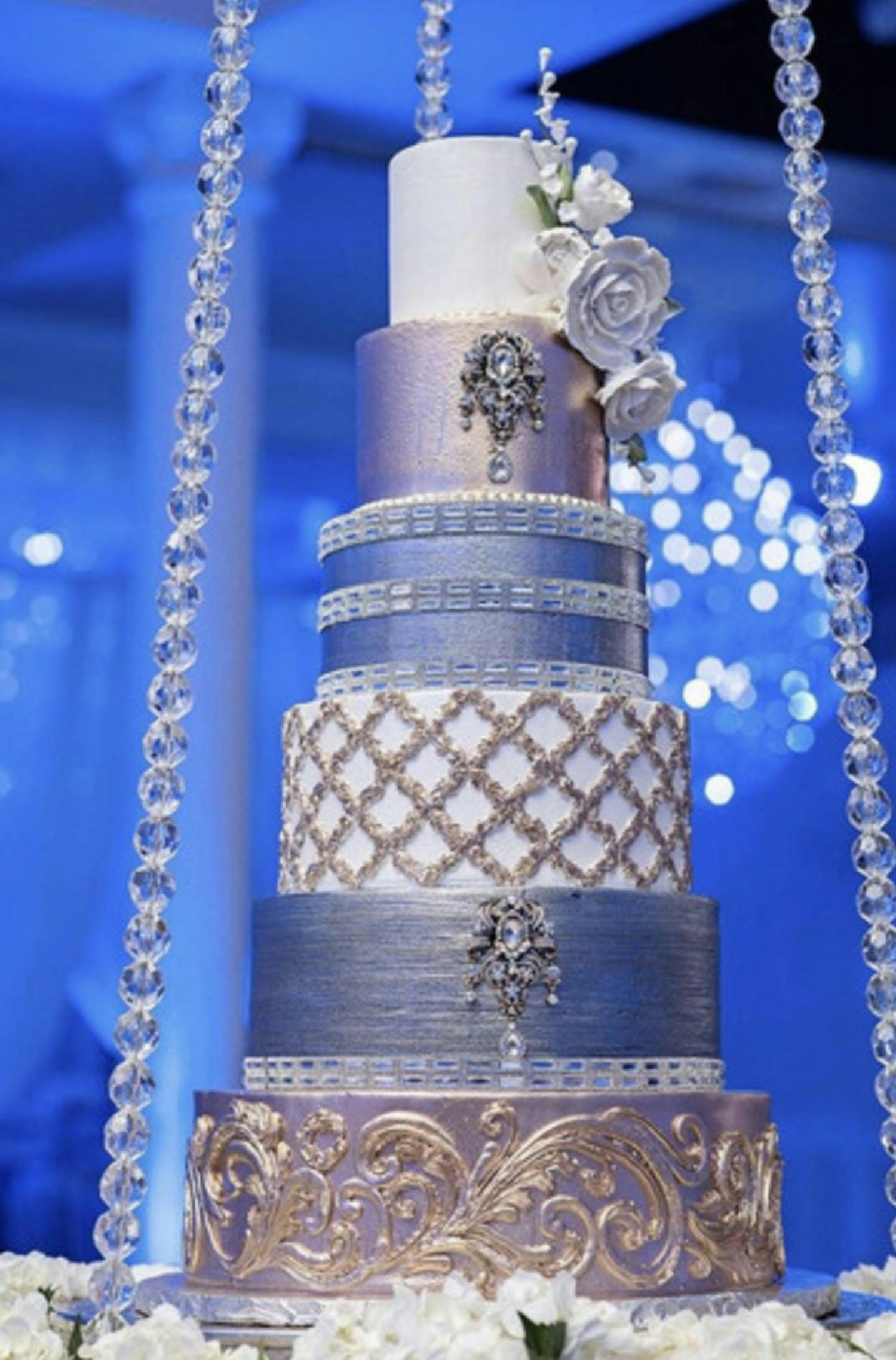 Six-tier metallic silver wedding cake with Jeweled Details | PartySlate