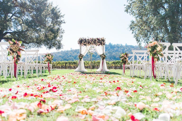 Wedding aisle blanketed in bright pink petals and floral arrangements on white ceremony chairs at Charles Krug Winery in St Helena, CA | PartySlate