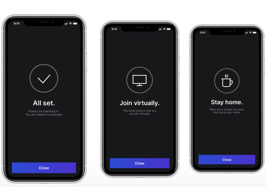Screenshot of Three Smart Phones Showing Different Stages of the Screening Process for a Social Celebration or Corporate Event | PartySlate