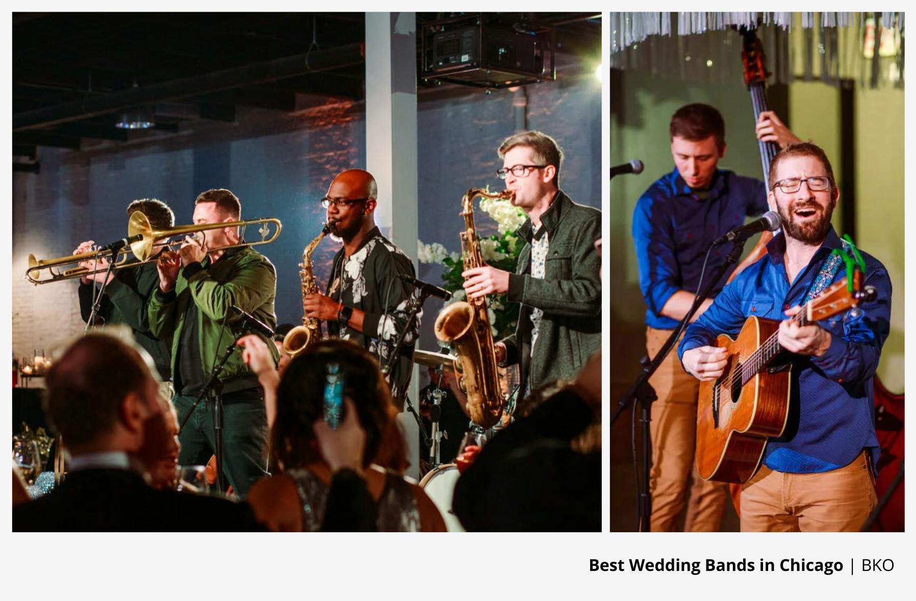 BKO Chicago Wedding Band with Four Men Playing Their Instruments In Front of a Crowd | PartySlate