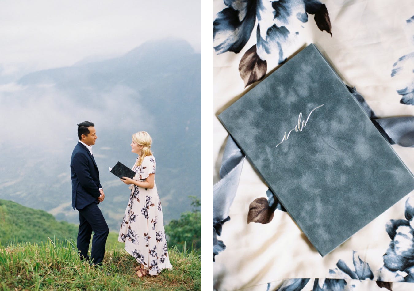Couples renews vows in mist-filled Vietnamese mountains with custom-made navy vow books | PartySlate