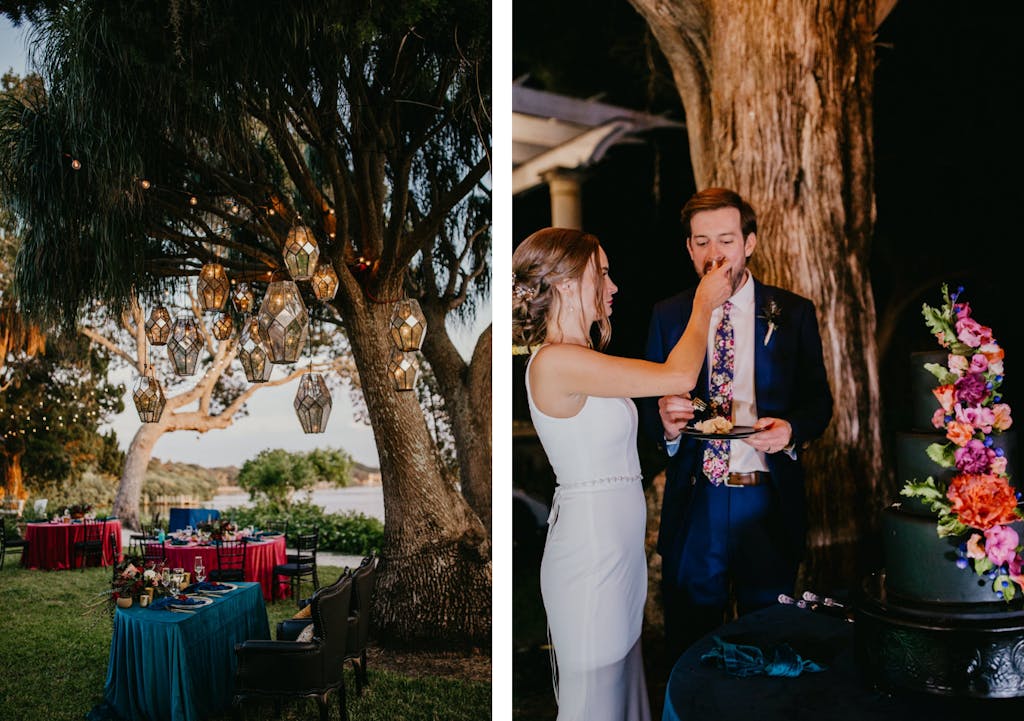 Small wedding with lantern-lit trees, blue and pink velvet linen, and a black wedding cake with a colorful cascade of blooms | PartySlate