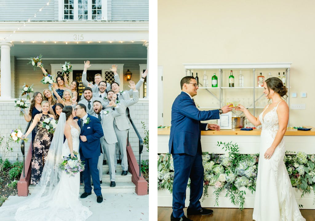 Micro wedding at home-like venue with decorated front steps and floral-covered bar panel | PartySlate