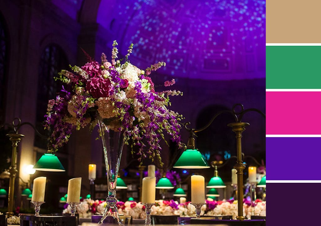 Wedding at Boston Public Library with gold, green, pink, and purple wedding colors | PartySlate