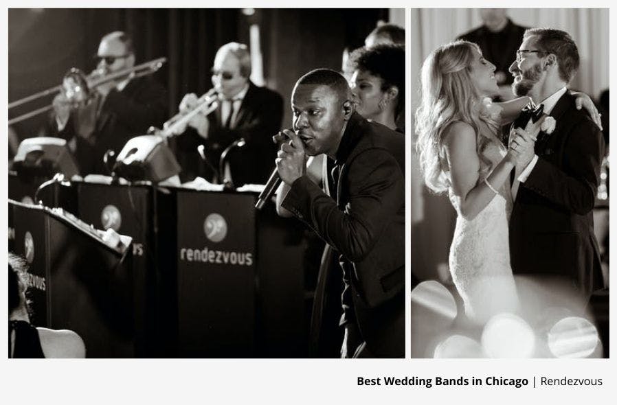 Black and White Photos of Rendezvous Wedding Band Playing While Bride and Groom Dance | PartySlate