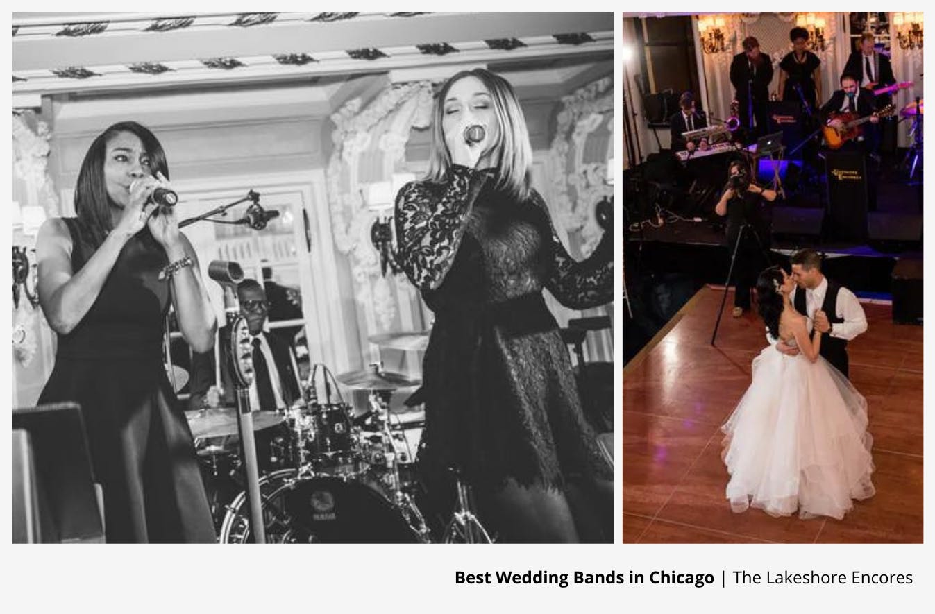 Two Women from The Lakeshore Encores Singing While Bride and Groom Have Their First Dance on Dance Floor | PartySlate