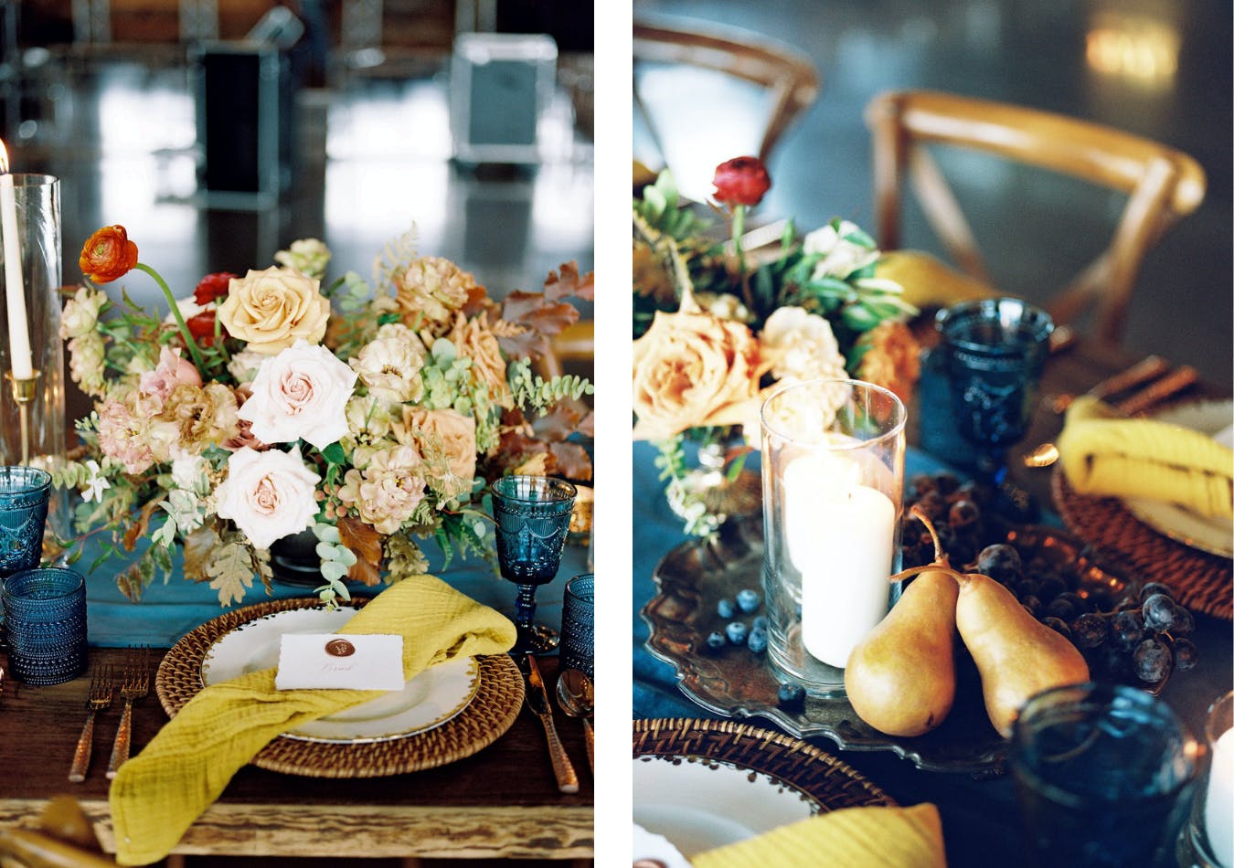 Fall wedding tablescape with golden pears, blueberries, blue glassware, gold napkins, and gold and champagne-hued fall flowers | PartySlate