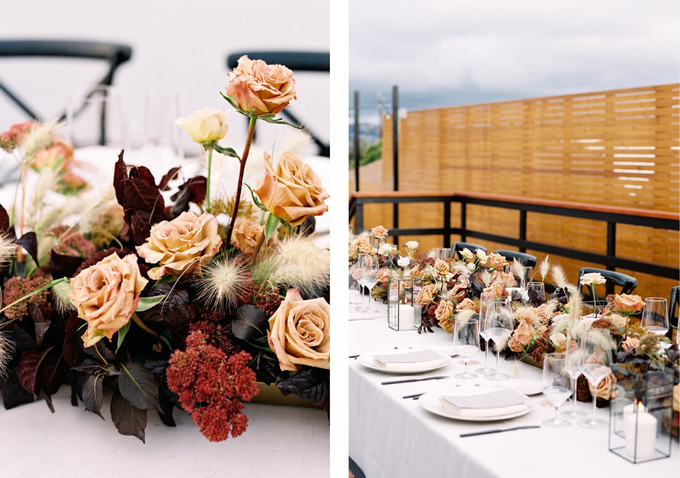Modern backyard wedding with champagne and burgundy floral centerpieces | PartySlate