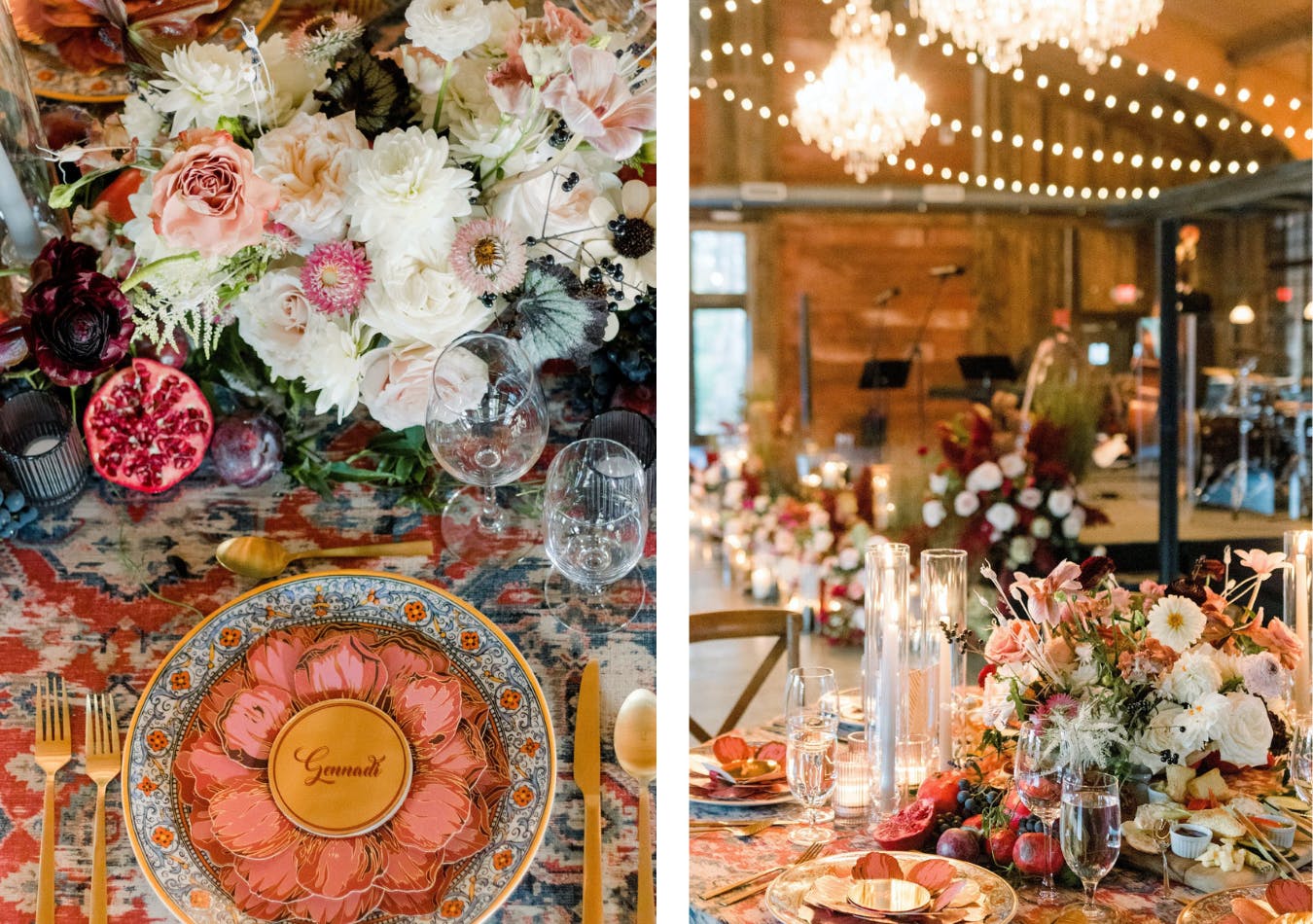 whimsical fall wedding tablescape in coral, pomegranate, plum, and blueberry shades | PartySlate