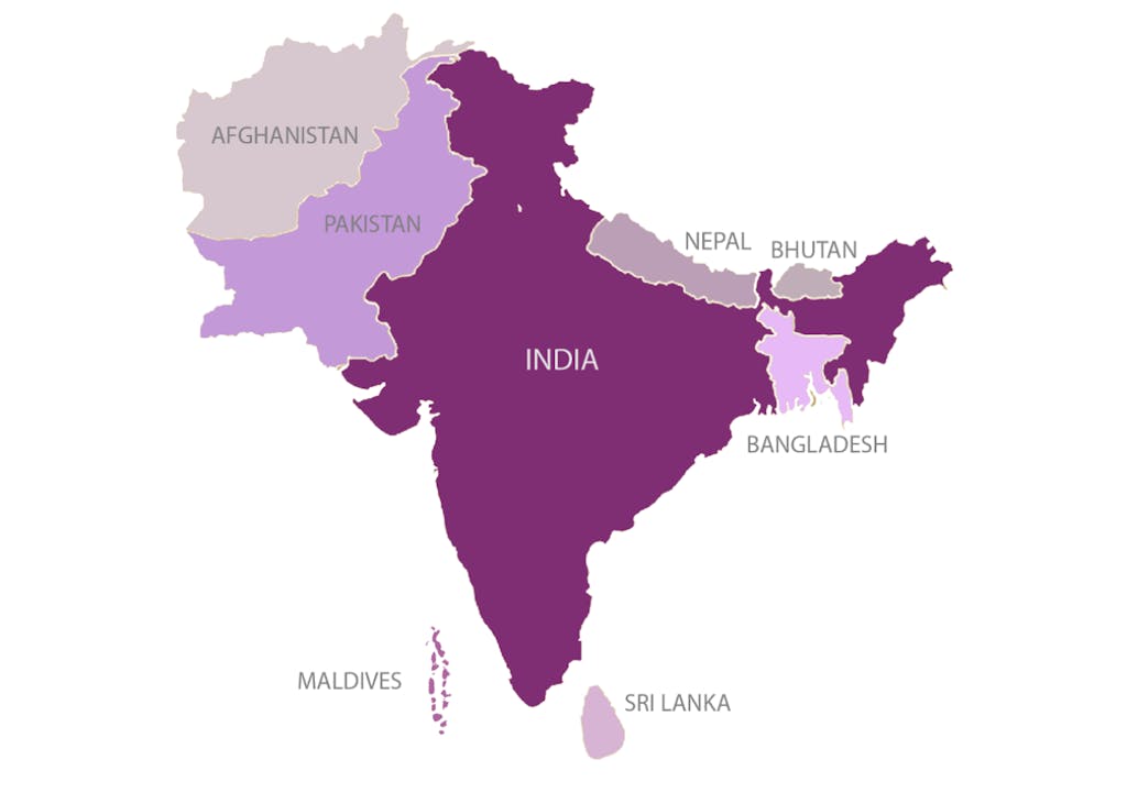 Purple-shaded map of the following South Asian countries: following countries Afghanistan, Bangladesh, Bhutan, the Maldives, Nepal, Pakistan, Sri Lanka, and India | PartySlate