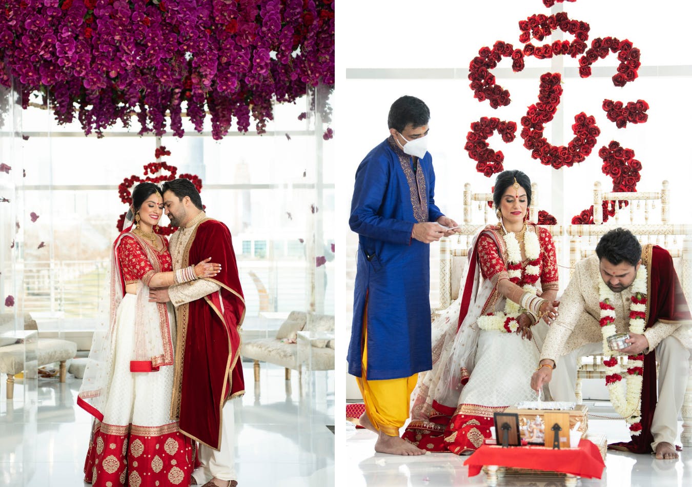 Intimate South Asian wedding at Adler Planetarium with deep purple and red floral décor | PartySlate