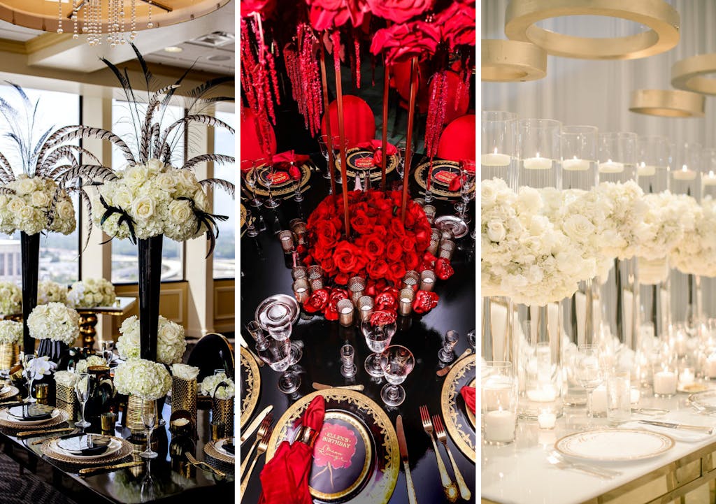 wedding florals in various red, black, white, and gold color schemes