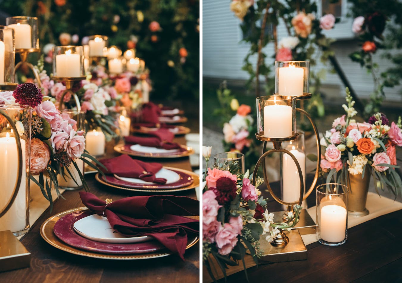 A long wedding reception table with maroon place settings and various size stacked candle fall wedding decorations | PartySlate