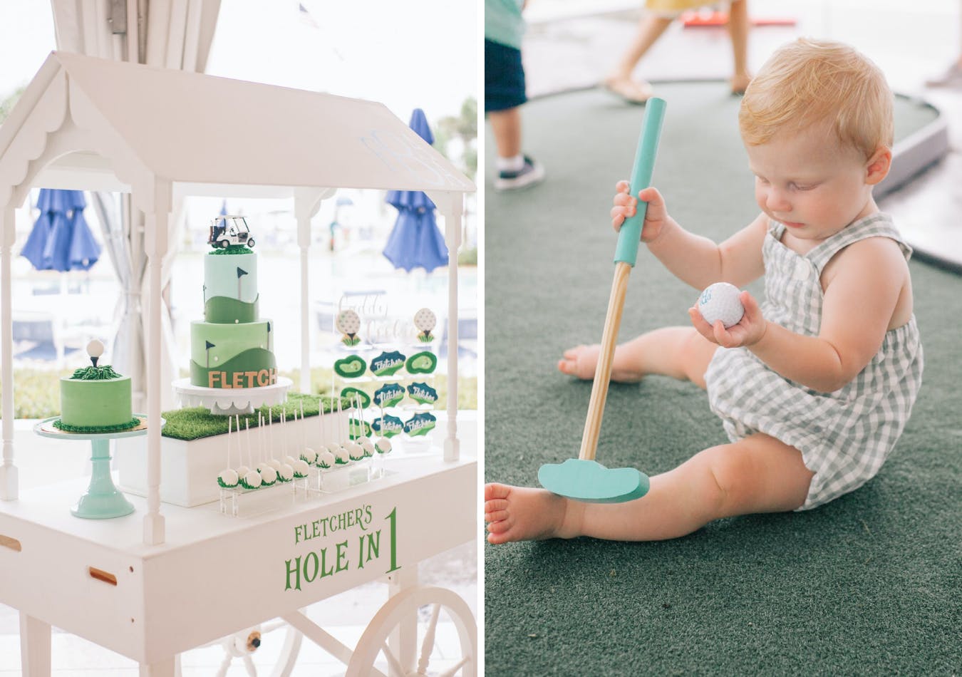 Hole in One-themed birthday party with golf-themed cake and mini golfing activity | PartySlate