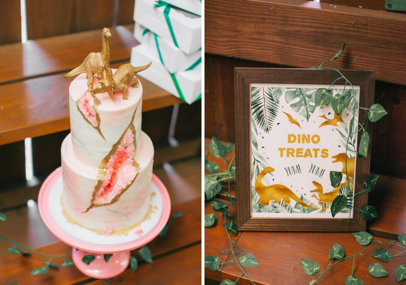 Dinosaur-themed kid's birthday with pink geode birthday cake topped with two gold dinosaurs | PartySlate