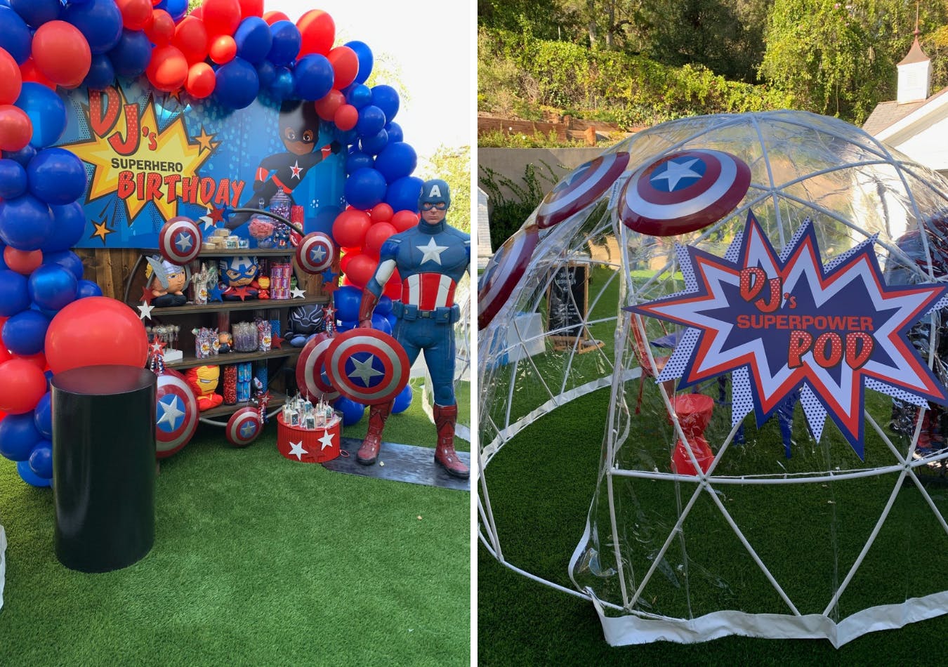 Superhero birthday party with blue and red balloons and igloo pod | PartySlate