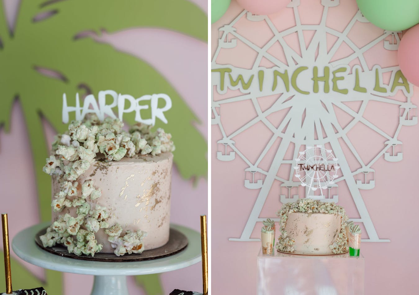 Pink cake covered in white chocolate popcorn at Twinchella-themed kids' party | PartySlate