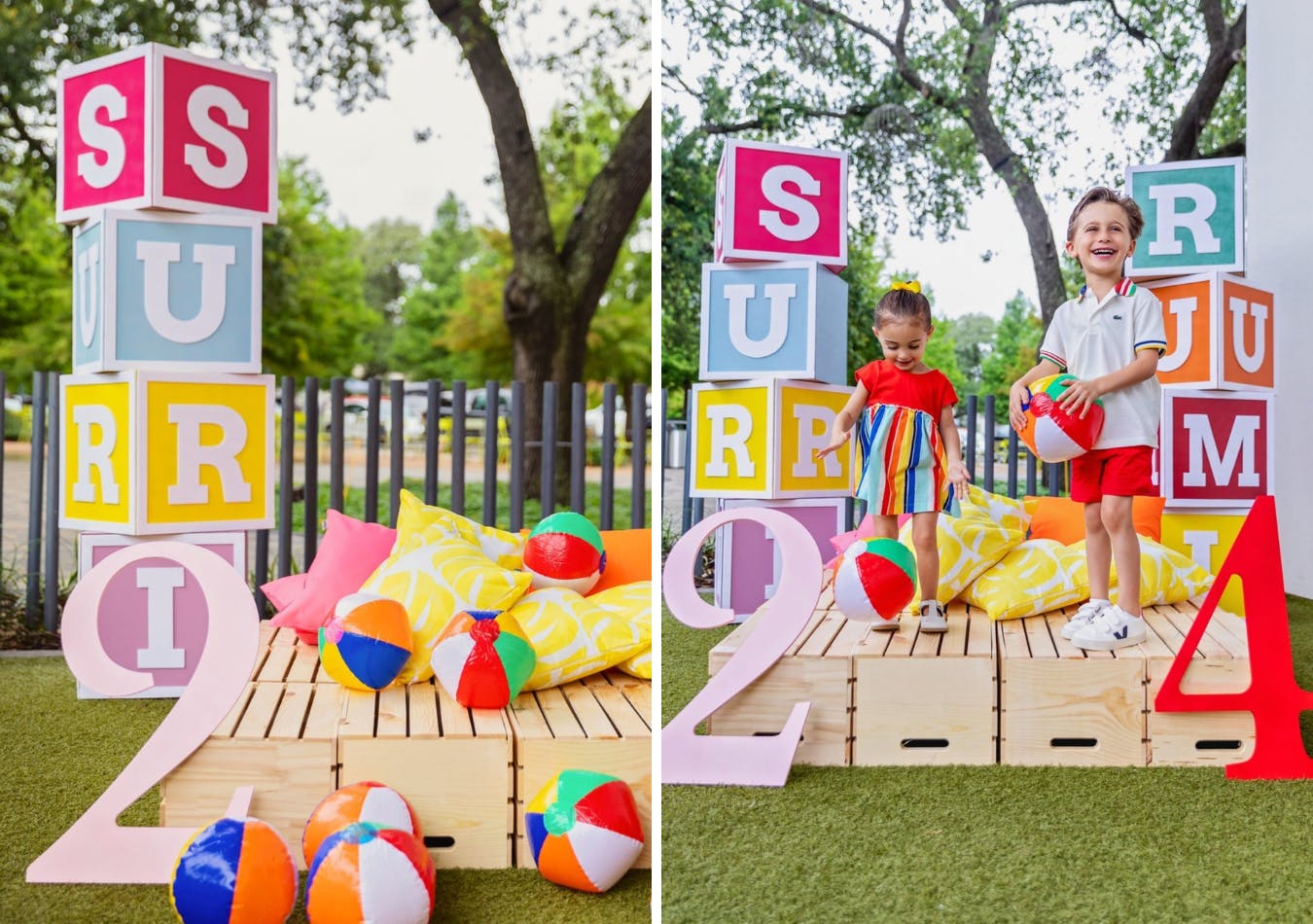 Colorful backyard birthday party with kids' blocks and beach ball décor | PartySlate