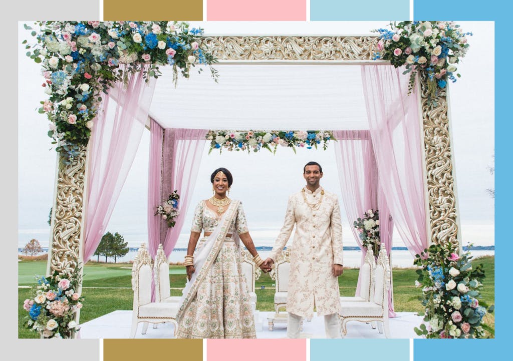 Wedding mandap with light gray, gold, pale pink, and light blue wedding colors | PartySlate