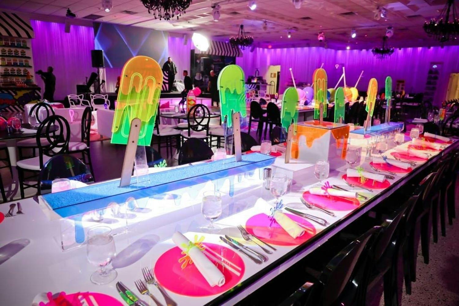 Colorful Candy-Themed Bat Mitzvah Reception with Acrylic Candy Bar Centerpieces | PartySlate