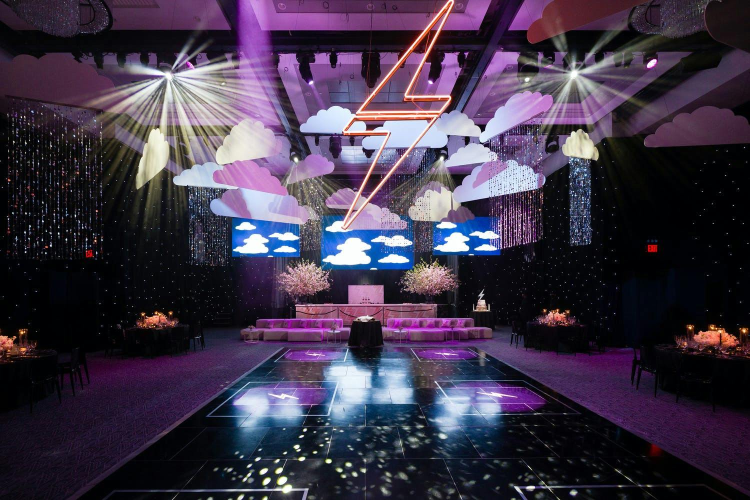 Lightning Bat Mitzvah Theme Party with Lightning Bolt and Clouds Suspended Over Dance Floor | PartySlate