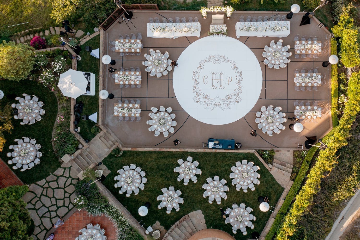 Aerial view of outdoor wedding reception | PartySlate