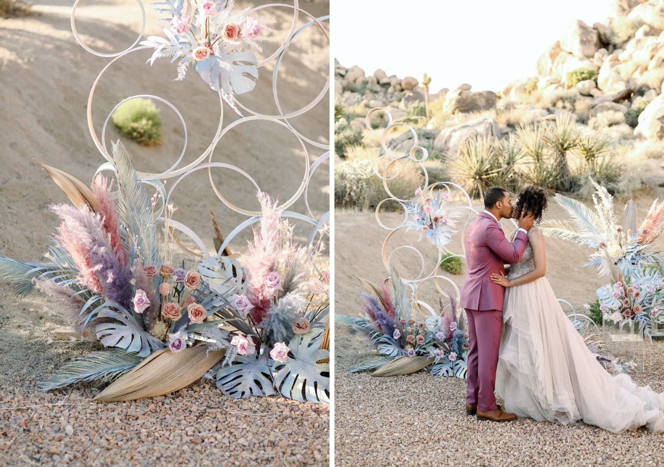 Desert micro wedding with bubble-like white wedding ceremony backdrop and pastel-dyed pampas grass | PartySlate