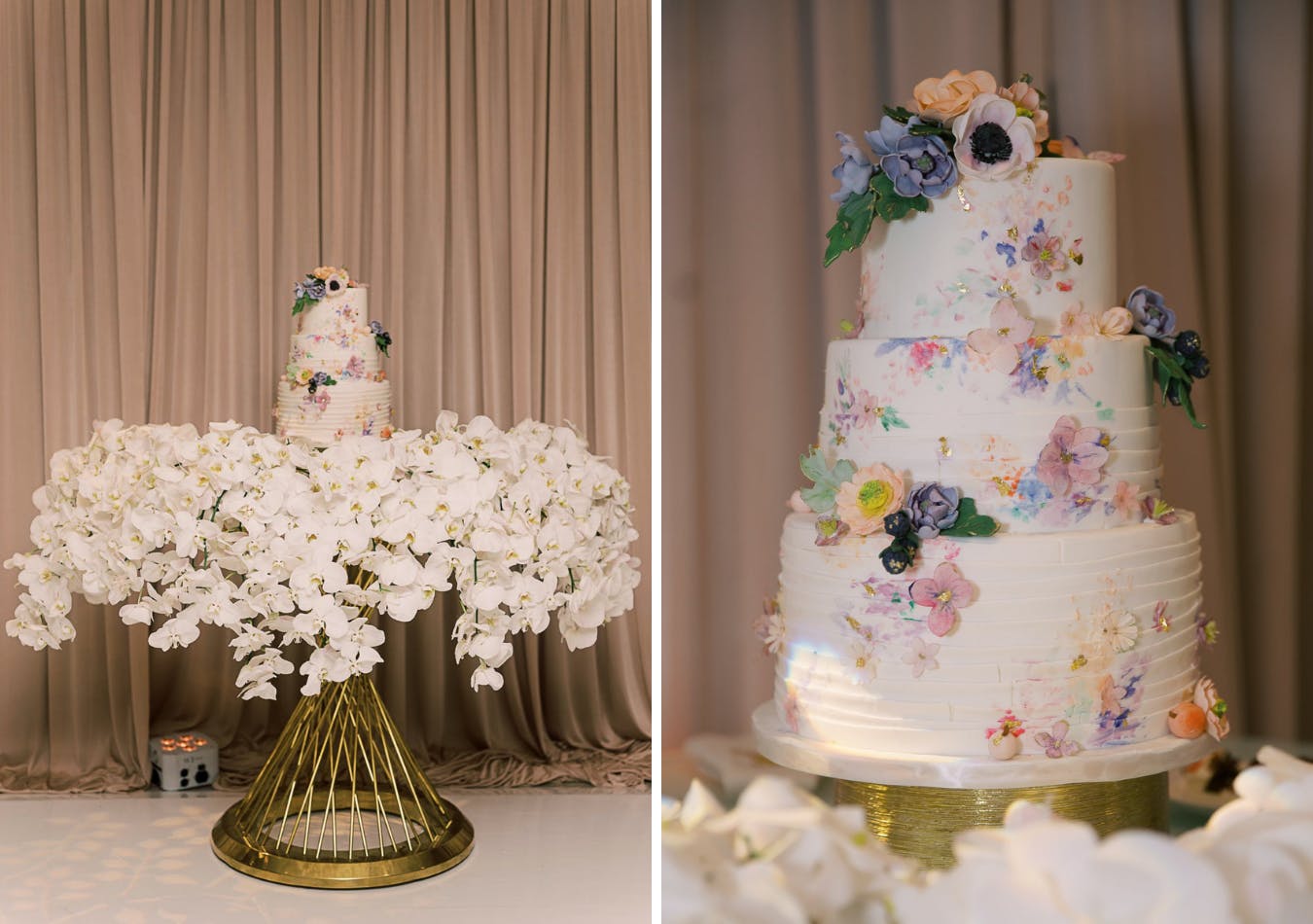 Pressed floral wedding cake on gold cake stand with hanging white orchids | PartySlate