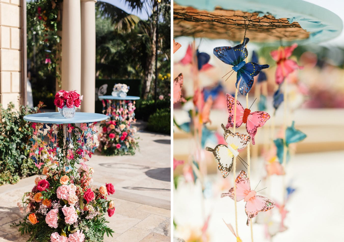 Cocktail tables wrapped in bright floral décor and suspended butterfly details | PartySlate