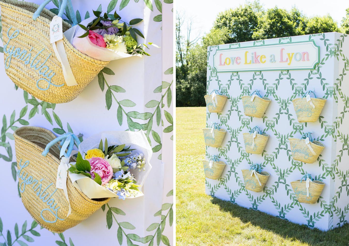 Outdoor launch party with tote bag wall in light blue and white colors | PartySlate