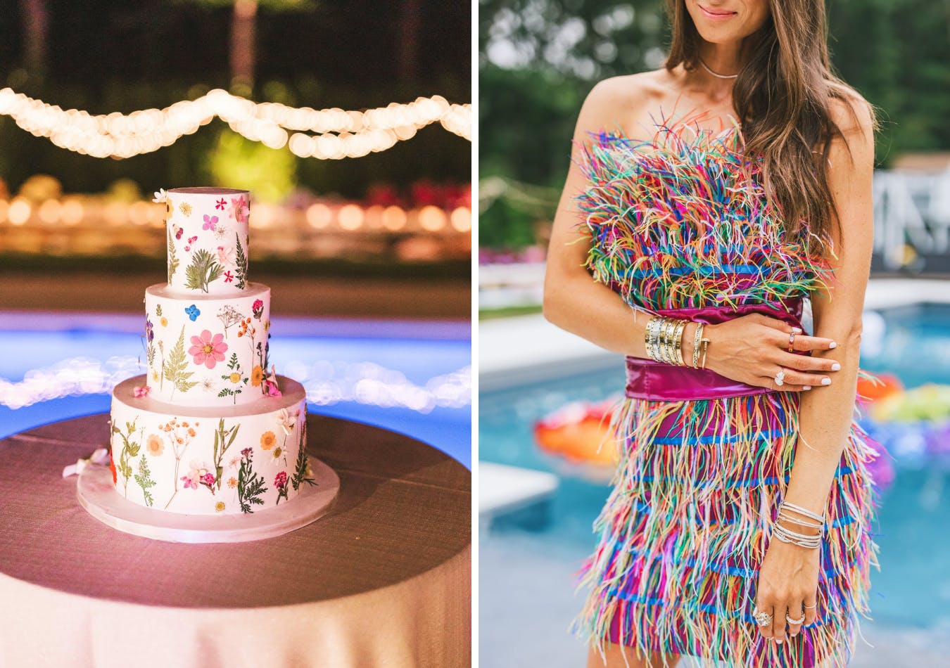 Birthday girl in rainbow fringe dress and pressed floral birthday cake | PartySlate