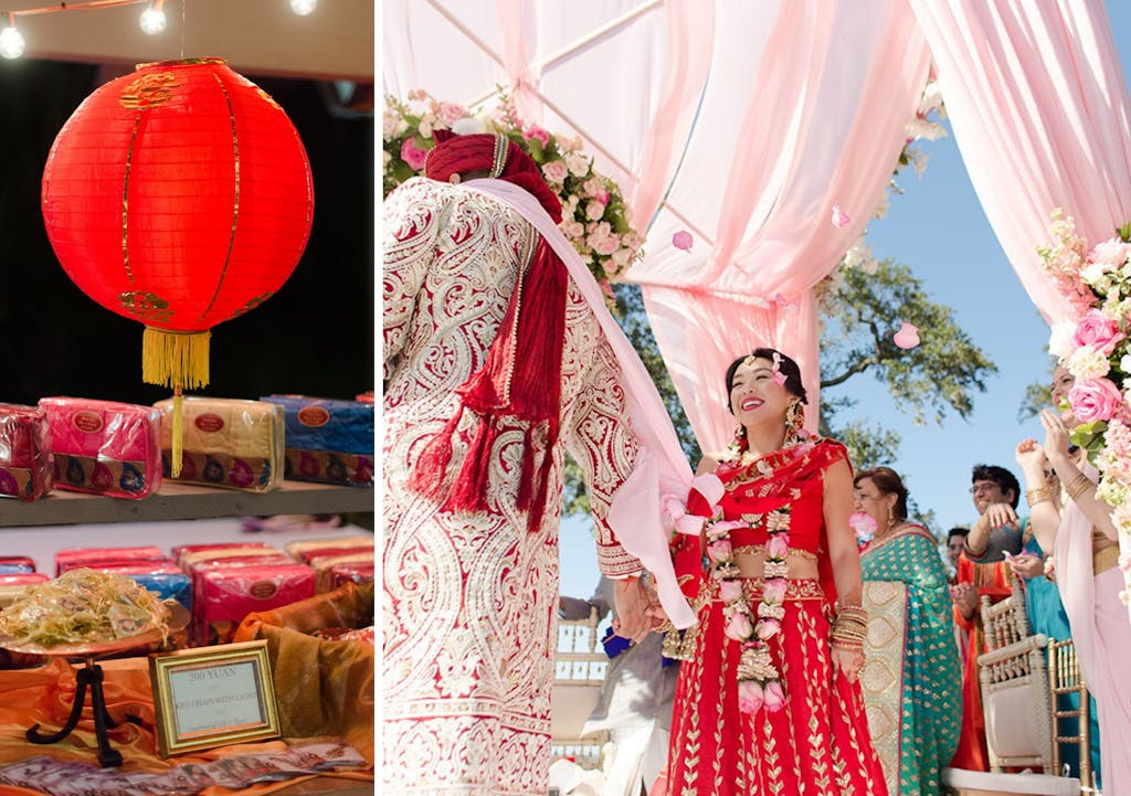 South Asian and Chinese fusion wedding with light pink mandap drapery and red Chinese lanterns throughout reception | PartySlate