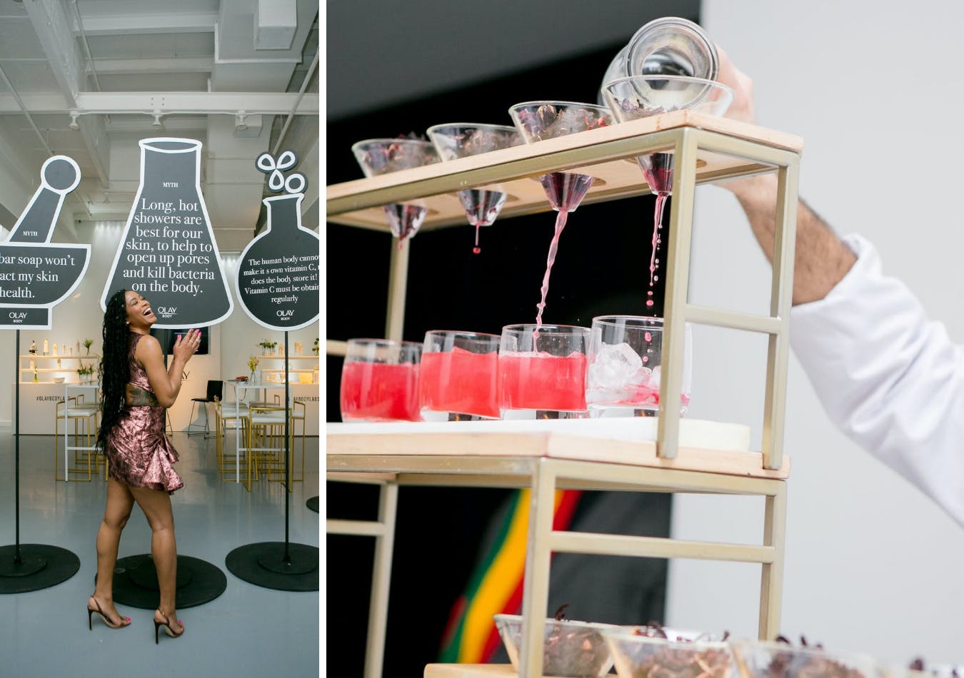 Olay Body Labs product launch with lab-like cocktail installation and lab equipment signage | PartySlate