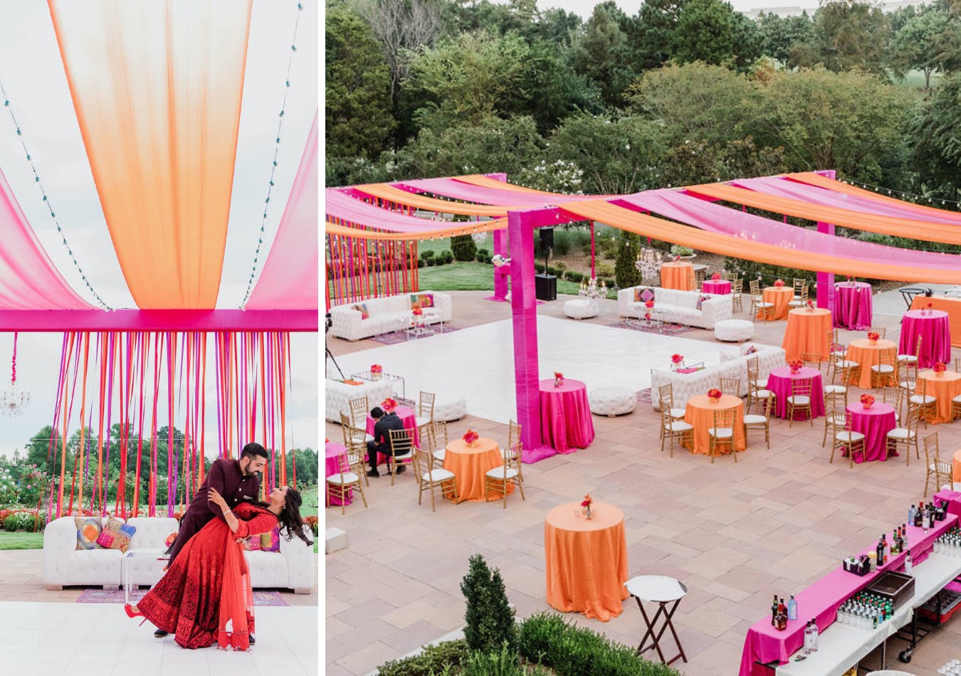 South Asian wedding with pink and orange ribboned tenting | PartySlate