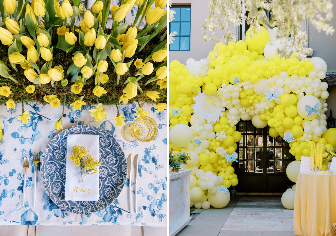 Baby shower with large yellow balloon installation at house entrance with blue butterflies and tulip garden centerpiece with blue tablecloth | PartySlate