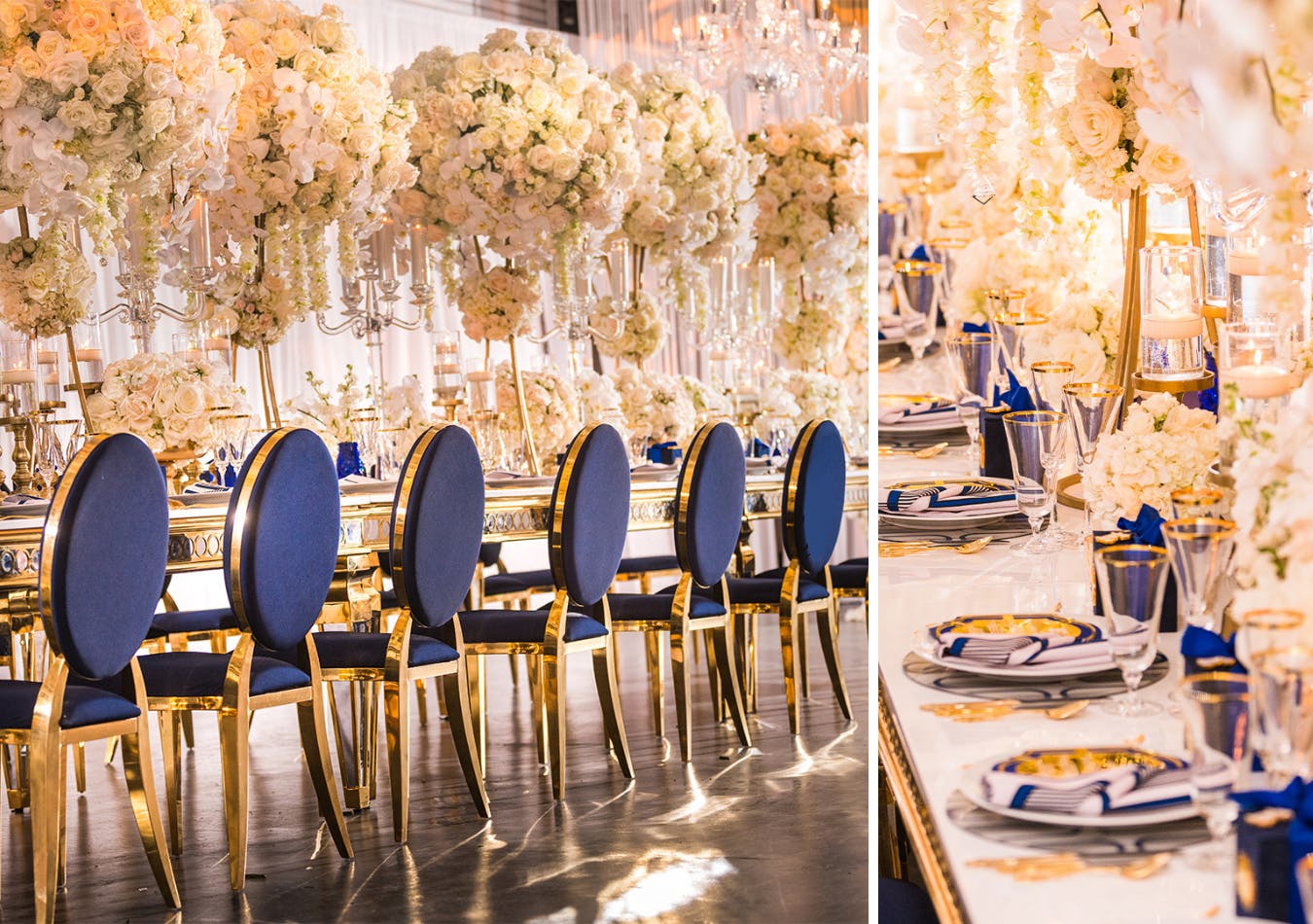 Blue, white, and gold wedding table | PartySlate