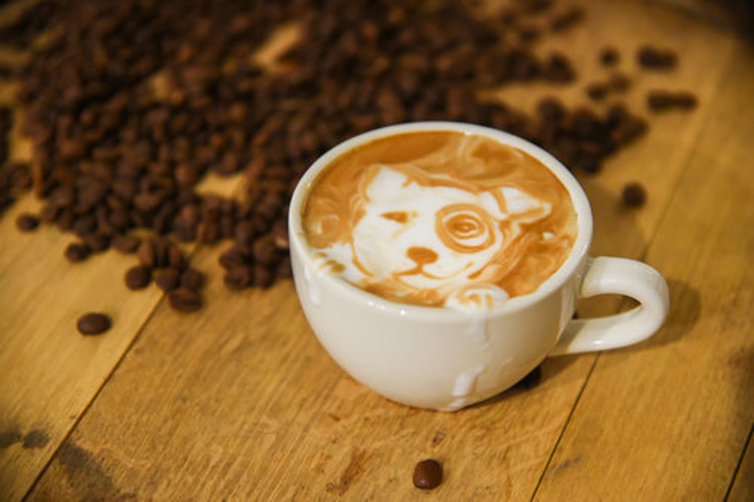 Latte art of dog with Target logo eye | PartySlate